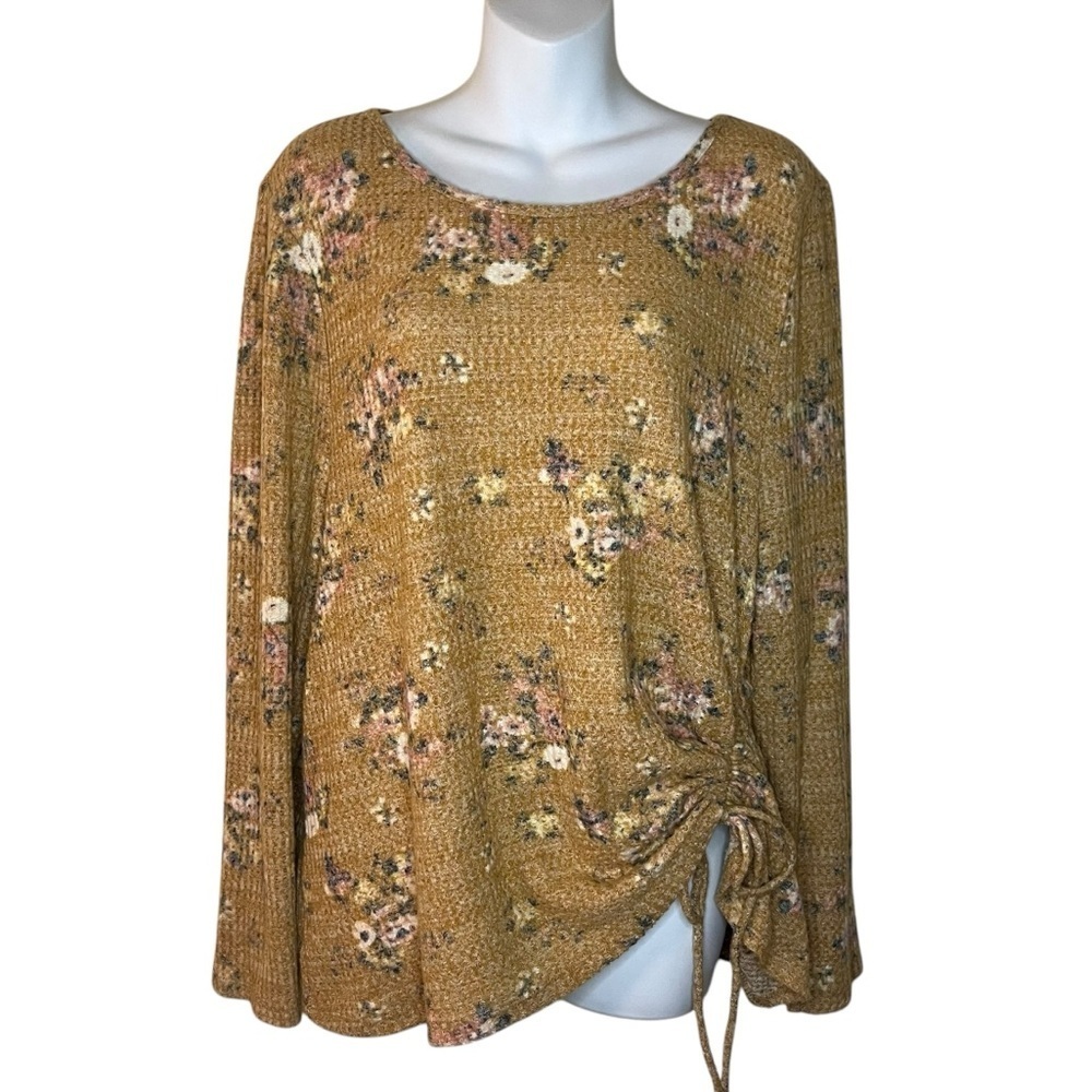 Cato long-sleeve soft waffle-knit cinch waist top yellow floral size XL